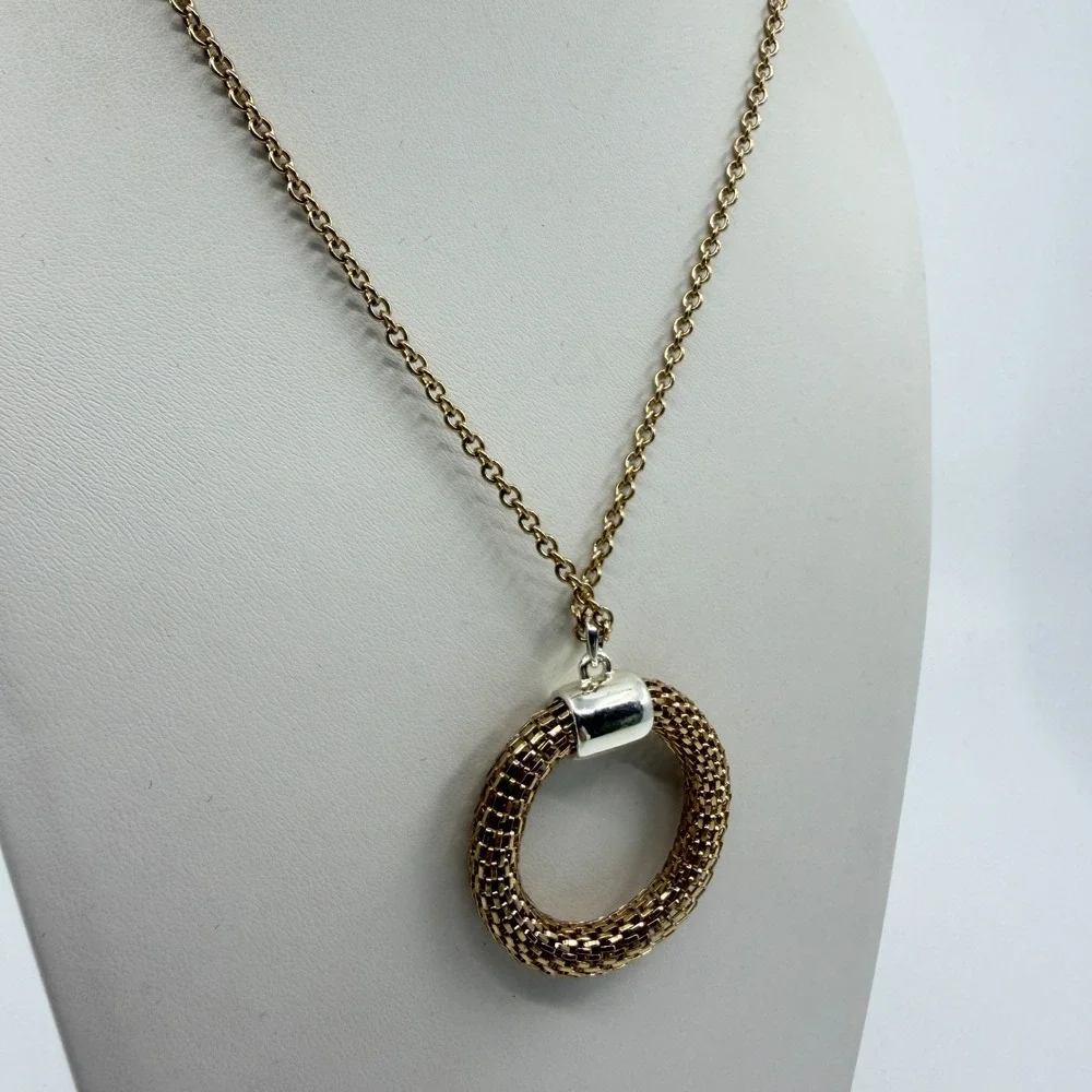SHB Mesh Circle Pendant Necklace Gold Tone Textured Statement Layering Boho Gift